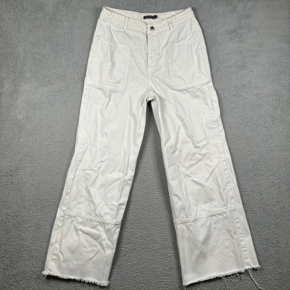 Nasty Gal Collection White High Rise Wide Leg Utility Jeans Raw Hem US Size 10